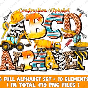 Pacote de alfabeto de rabiscos de construção PNG, letras, números e acessórios PNG de construção, design de sublimação de construção, construção