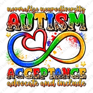 Puede incluir: Un diseño gráfico colorido con la palabra "AUTISMO" en letras grandes con un patrón de estampado de leopardo. Las letras están en los colores de la cinta de concienciación sobre el autismo: azul, verde, amarillo y rojo. El diseño también incluye un símbolo de infinito hecho de piezas de rompecabezas en los mismos colores, un corazón rojo y las palabras "normalizar la neurodiversidad" y "aceptación, defender e incluir".
