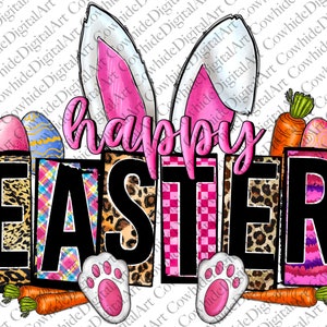 May include: Happy Easter text with bunny ears, carrots, and Easter eggs in a colourful patchwork design.