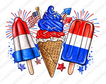4th of July Ice Cream PNG, USA Flag, Sublimation Design (Digital Download)