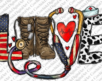 America Nurse Love PNG: Western Army Boots Sublimation Design (Digital Download)