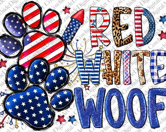 Red White Woof 4th of July PNG, Paw Print Clipart (Digital Download)