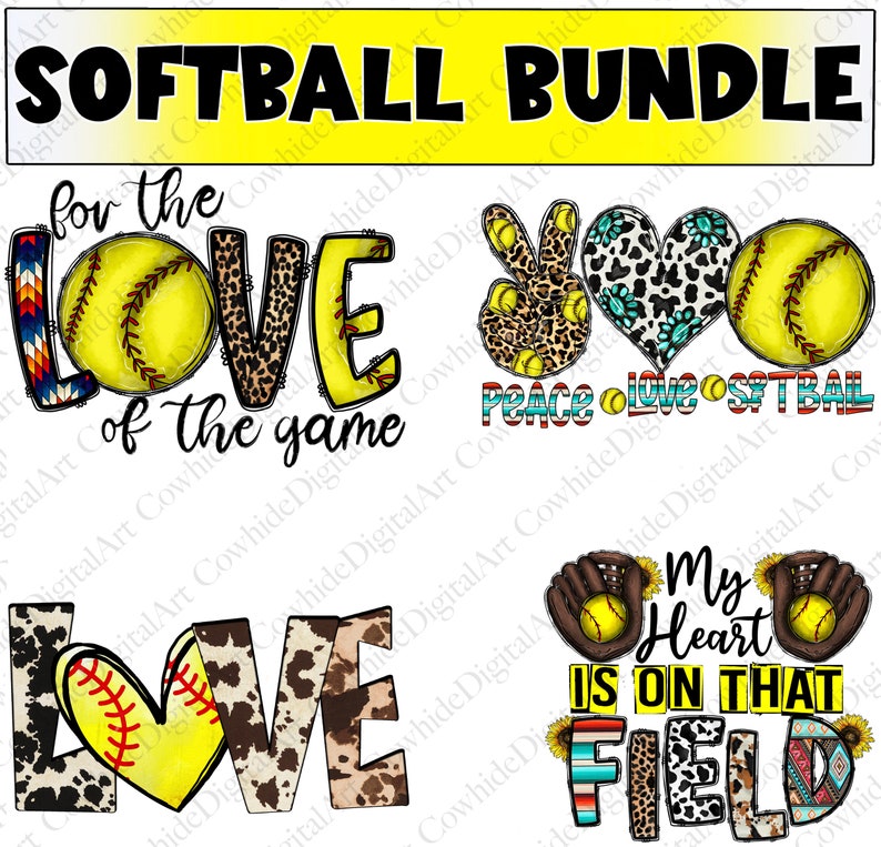 May include: A digital art bundle of four softball-themed designs. The designs feature a softball, peace sign, heart, and the words "for the love of the game", "peace love softball", "love", and "my heart is on that field".