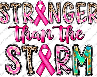 May include: A graphic design featuring the text STRANGER THAN THE STORM. The letters incorporate leopard print, pink checkered patterns, and turquoise marble textures. Two pink awareness ribbons are integrated into the word design.