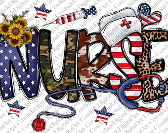 Op de afbeelding: Een kleurrijk grafisch ontwerp van het woord "NURSE" met een stethoscoop, een spuit, een zonnebloem en een verpleegstersmuts. De letters zijn versierd met camouflage-, koehuid- en Amerikaanse vlagpatronen.