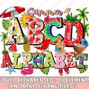 Alfabeto de verano con doodle, letras PNG de verano, diseño de sublimación, PNG de verano, alfabeto de verano, fuente de verano, playa, descarga digital