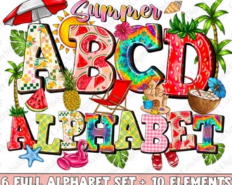 May include: A colorful summer alphabet with a watermelon, pineapple, beach chair, sandcastle, coconut, and palm trees. The text says "Summer ABCD Alphabet" and "6 Full Alphabet Set + 10 Elements (In Total 479 PNG Files)".