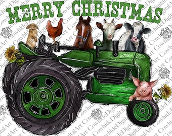Animales de granja navideños PNG: Diseño de tractor para sublimación (descarga digital)