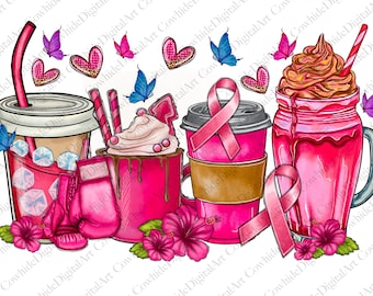 Breast Cancer Coffee Cups Png Sublimation Design, Breast Cancer Clipart, Cancer Coffee Cups Png, Cancer Awareness Png, Digital Download