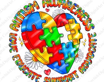 Autism Awareness Heart Puzzle PNG, Sublimation Design (Digital Download)