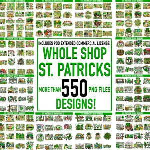 Op de afbeelding: Een digitale collage met meer dan 550 St. Patrick's Day-ontwerpen, met groene klavers, kabouters en Ierse spreuken. De ontwerpen zijn beschikbaar als PNG-bestanden en bevatten een commerciële licentie.