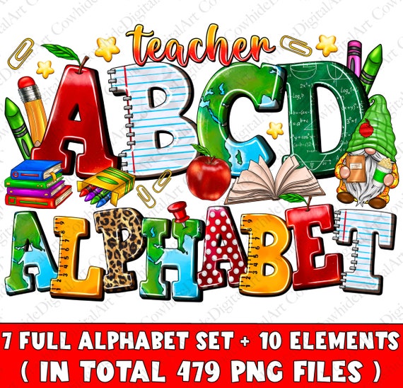 Teacher alphabet png files bundle, Teacher's Day doodle letters png, Teacher letters png, sublimate designs download