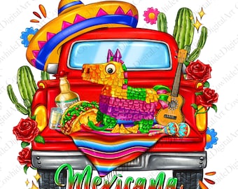 May include: A red pickup truck bed decorated with a colorful Mexican blanket, a piñata, a sombrero, a ukulele, tacos, tequila bottles, and maracas. The truck bed is decorated with red roses and cacti.