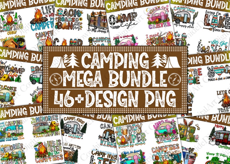 K&ouml;nnte beinhalten: Ein braunes Banner mit wei&szlig;em Text, der "Camping Mega Bundle 46+ Design PNG" lautet. Das Banner ist von einer Collage aus bunten Camping-Designs umgeben, die Bilder von Campern, Lagerfeuern und Text enthalten.