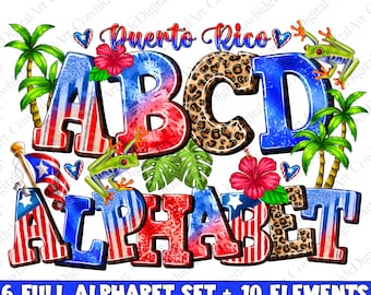 Pacote de PNGs do alfabeto de Porto Rico em estilo doodle, design para sublimação (download digital)