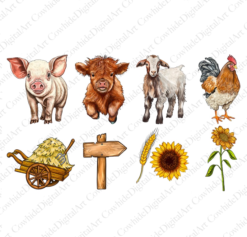 May include: A set of farm animal illustrations, including a pig, a cow, a goat, a rooster, a wheelbarrow with hay, a wooden arrow sign, a stalk of wheat, a sunflower, and a sunflower plant. The illustrations are in a cartoon style and are drawn in a variety of colors.