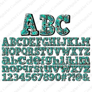 May include: A turquoise and black patterned alphabet with uppercase and lowercase letters, numbers, and symbols. The letters are outlined in black and have a 3D effect.