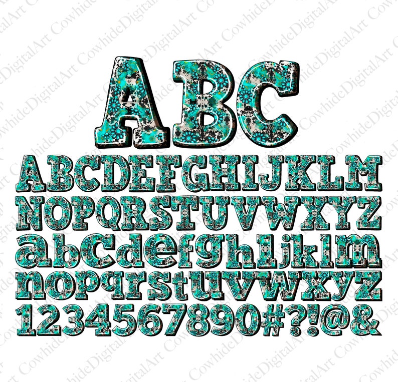 May include: A turquoise and black patterned alphabet with uppercase and lowercase letters, numbers, and symbols. The letters are outlined in black and have a 3D effect.