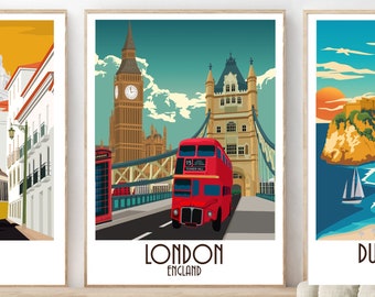 Póster de viaje de Londres: autobús rojo y cabina telefónica.
