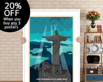 Póster de viaje a Brasil: Estatua de Jesús con vistas a Río de Janeiro