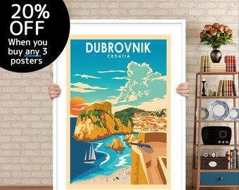 Impresión artística de Dubrovnik, Croacia: póster de viaje retro