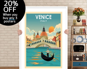 Póster de viaje a Venecia, Italia: Impresión retro de canal y góndola