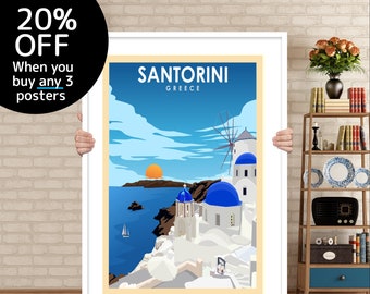 Impresión artística de Santorini, Grecia: póster de viaje retro