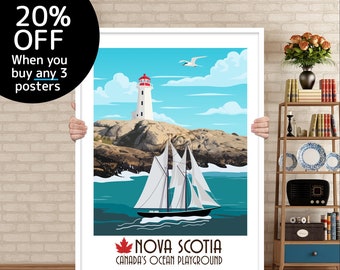 May include: A colorful illustration of a lighthouse and sailboat on a rocky coastline with blue water. The text "NOVA SCOTIA CANADA'S OCEAN PLAYGROUND" is at the bottom of the image.