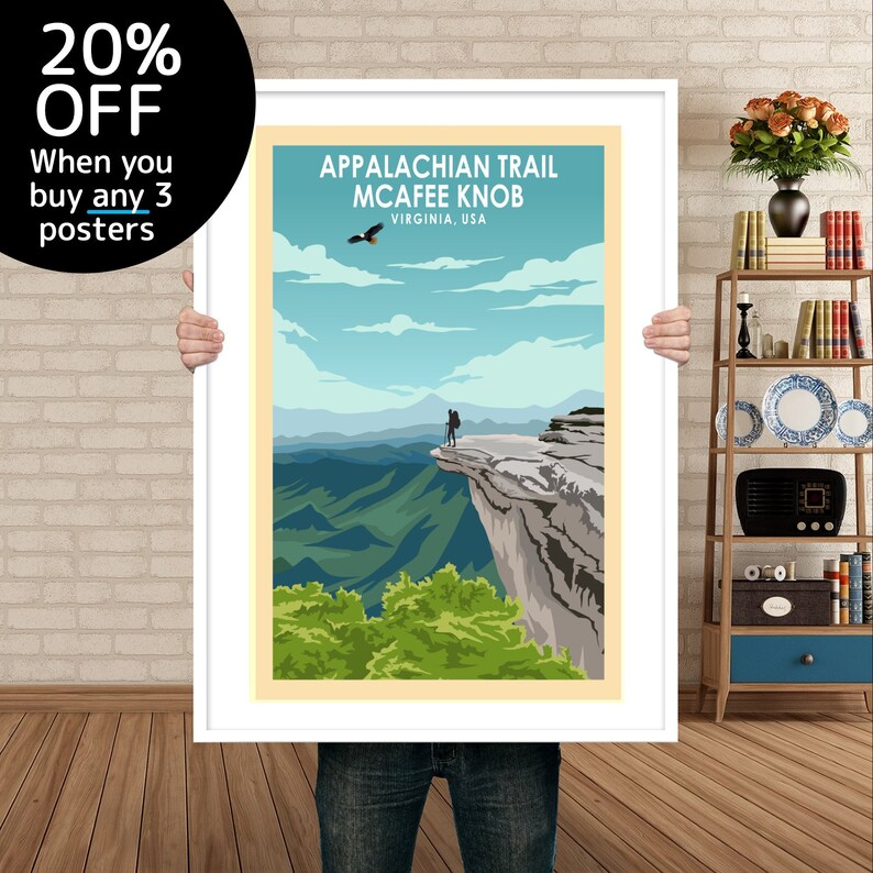 May include: A vintage-style travel poster featuring a hiker standing on a cliff overlooking a mountain range. The poster is titled "Appalachian Trail McAfee Knob Virginia, USA".