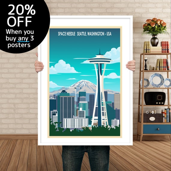 Seattle Poster – Space Needle , Washington Retro Travel Print