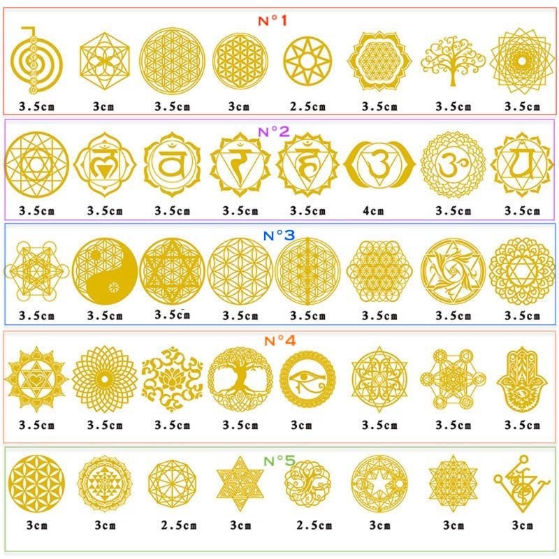 Lot de 8 Autocollant Ornement Géométrie Sacrée, Fleur Vie, Cube Métatron, Arbre Étoile David, Charkr