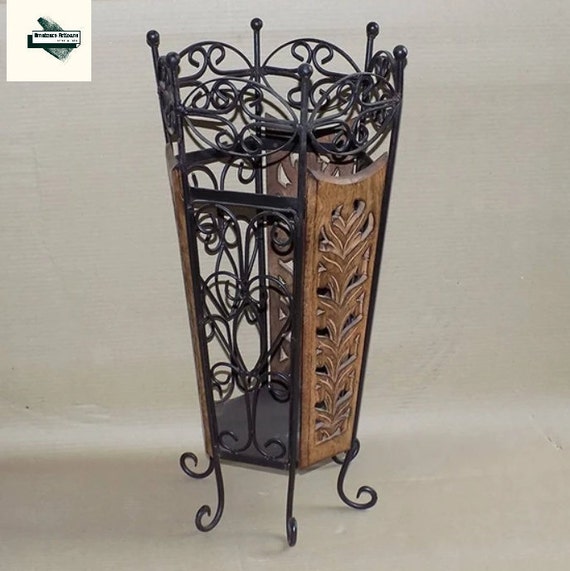 Wooden and Wrought Iron Umbrella Stand Cum Planter for Home Decor
