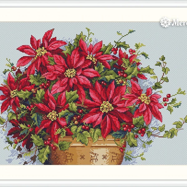 MEREJKA Cross Stitch kit - Poinsettia/ Counted Cross Stitch Kit from Merejka/Gift for crafter/Full kit for DIY project
