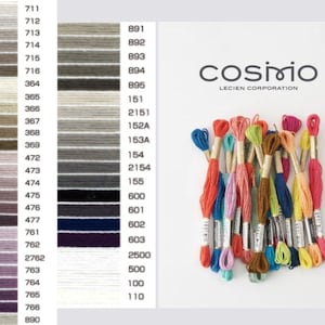 May include: A collection of embroidery floss spools in various colors, including red, orange, yellow, green, blue, purple, pink, and brown. The spools are arranged in a pile and are labeled with numbers. The text "cosirio LECIEN CORPORATION" is printed on a white background.