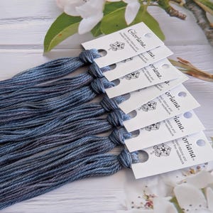 May include: Six skeins of blue and gray hand-dyed embroidery floss with the text "Gloriana™ oriana™ Hand-dyed ribbons and threads for fine needlework" on the labels.