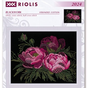 May include: A cross-stitch pattern featuring a bouquet of pink peonies with green leaves on a black background. The pattern is titled "Lace Peonies" and is part of the "Blackwork" collection by "XXX RIOLIS".
