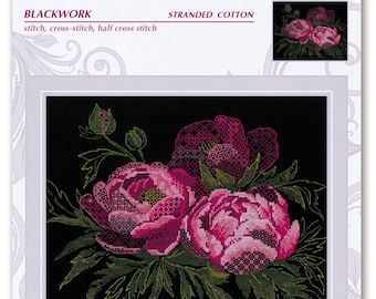 Lace Peonies - Riolis Cross Stitch kit/ Counted Cross Stitch Kit/Gift for crafter/Full DIY Cross Stitch Kit -Anchor Cotton Threads/Blackwork