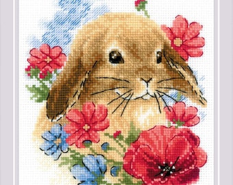 Bunny in Flowers - Riolis Cross Stitch kit/ Counted Cross Stitch Kit/Gift for crafter/Full DIY Cross Stitch Ki - Wool/Acrylic Threads
