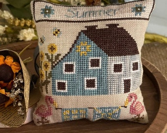 2023 Nashville Needlework Market New release from Mani di Donna  -  “Seasonal Saltbox House pillows - Summer" Chart /Ready to ship