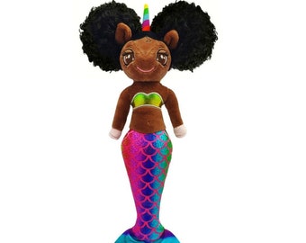 Aaliyah Black Mermaid Unicorn Doll with Iridescent Tail and Matching Top - 16 inch