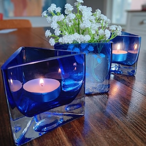 Cobalt art glass triangle vases, tealight candleholders
