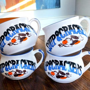 Soup & Crackers Mugs, set of 4 | Soup crocks | Soup bowls | Retro dishes | PMC, China, 1980's