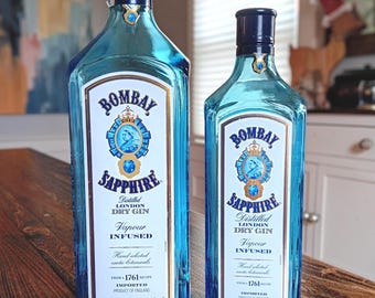 Empty Bombay Sapphire gin bottles, 1.75 L and 1 L sizes - rinsed, lid included