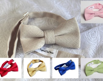 Beige, pink, anise green linen bow tie for children
