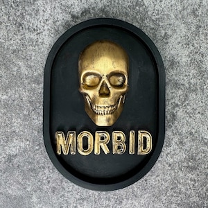Morbid Gothic Wall Plaque, Black & Gold Skull Home Decor, Handmade Witchy Gift Sign