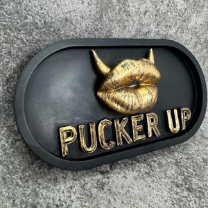 Pucker Up Gothic Wall Plaque, Black & Gold Skull Home Decor, Handmade Witchy Gift Sign Wall Art