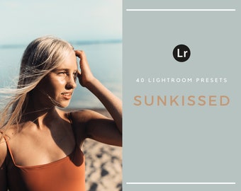 May include: A digital product for editing photos with a light and airy aesthetic. The image shows a woman with blonde hair on a beach with a blue sky and water in the background. The text on the image reads "40 Lightroom Presets SUNKISSED".