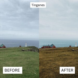 May include: A before and after image showing the difference in color saturation. The before image shows a red house with a green grassy field. The after image shows the same scene with a more saturated color palette, making the grass appear brown and the house a deeper red.