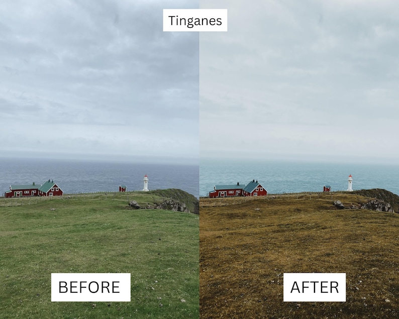 May include: A before and after image showing the difference in color saturation. The before image shows a red house with a green grassy field. The after image shows the same scene with a more saturated color palette, making the grass appear brown and the house a deeper red.