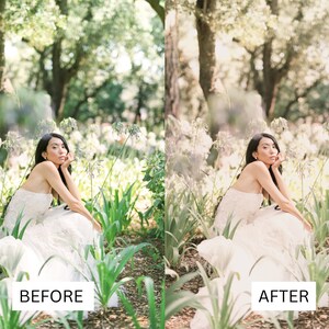 May include: A before and after image of a woman in a white strapless dress, seated in a garden. The "BEFORE" image is on the left, and the "AFTER" image is on the right. The garden features green plants and white flowers, with trees in the background.